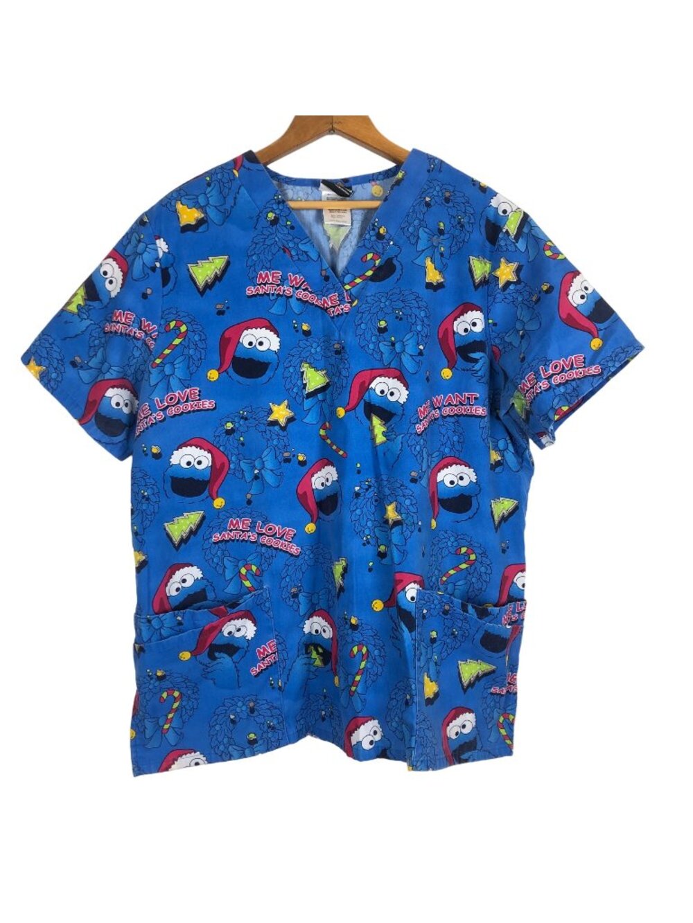 Sesame Street Cookie Monster Christmas Scrub Top Sz Large Poly-Cotton Blue